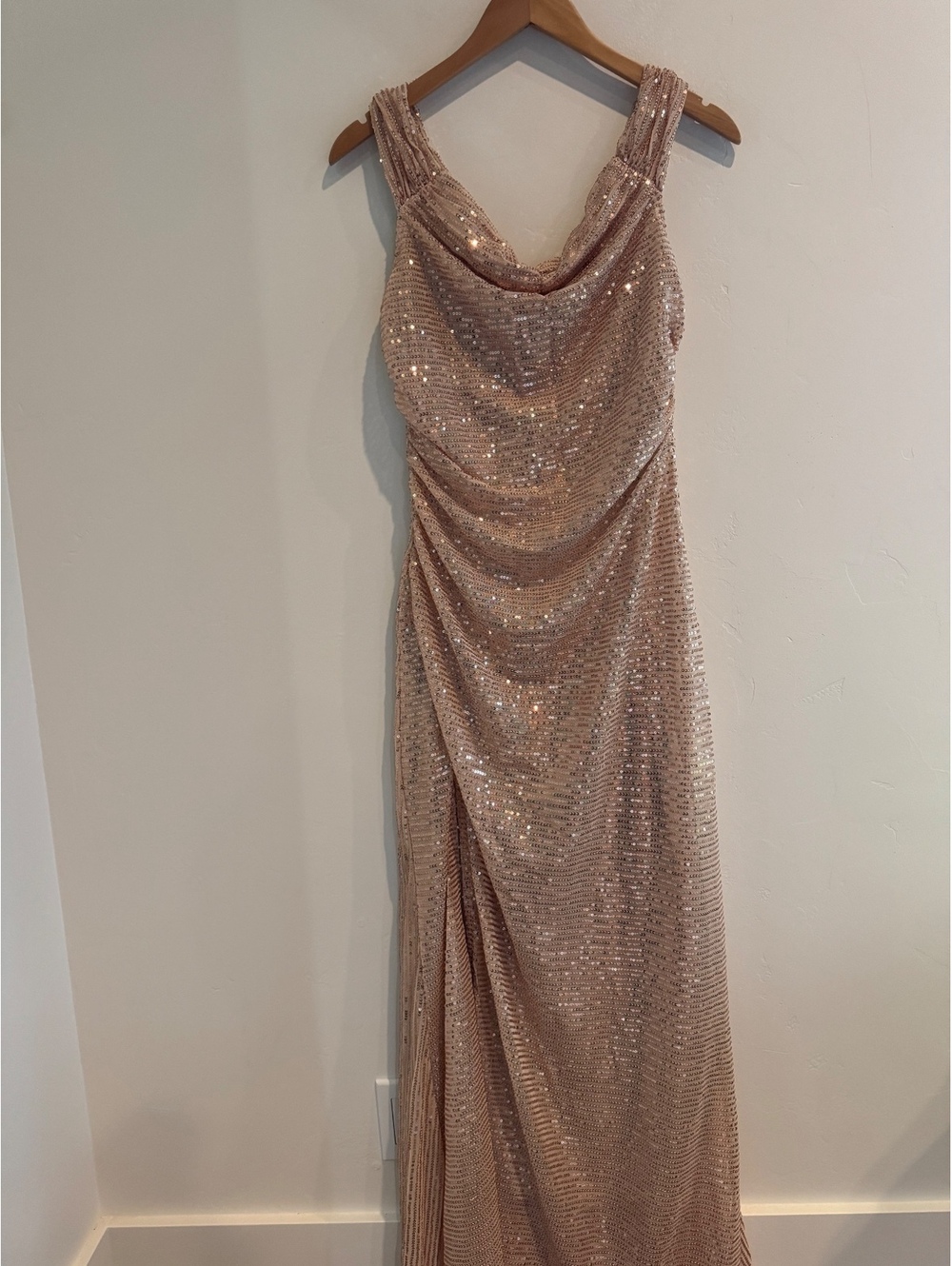 Rose Gold Sequin Cowl Neck Maxi Dress Size Large Formal Evening Gown